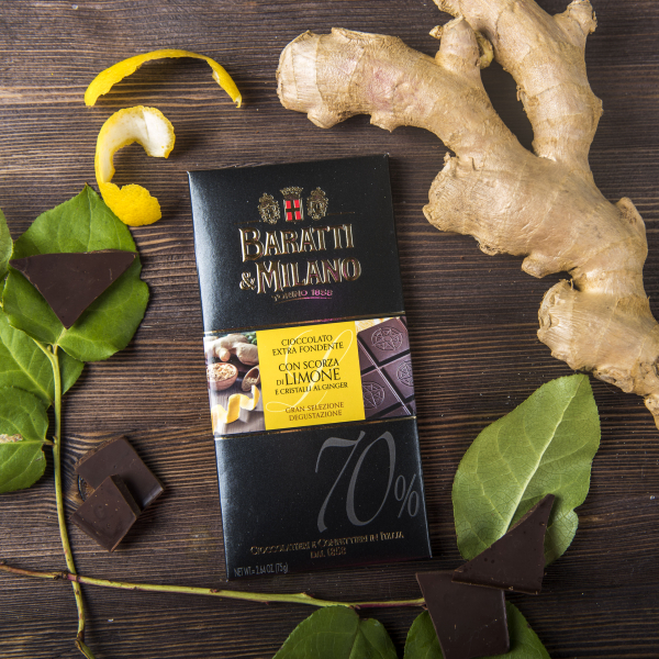 Шоколадная плитка с лимонной цедрой и кристал. имбирем (горький шоколад 70%)